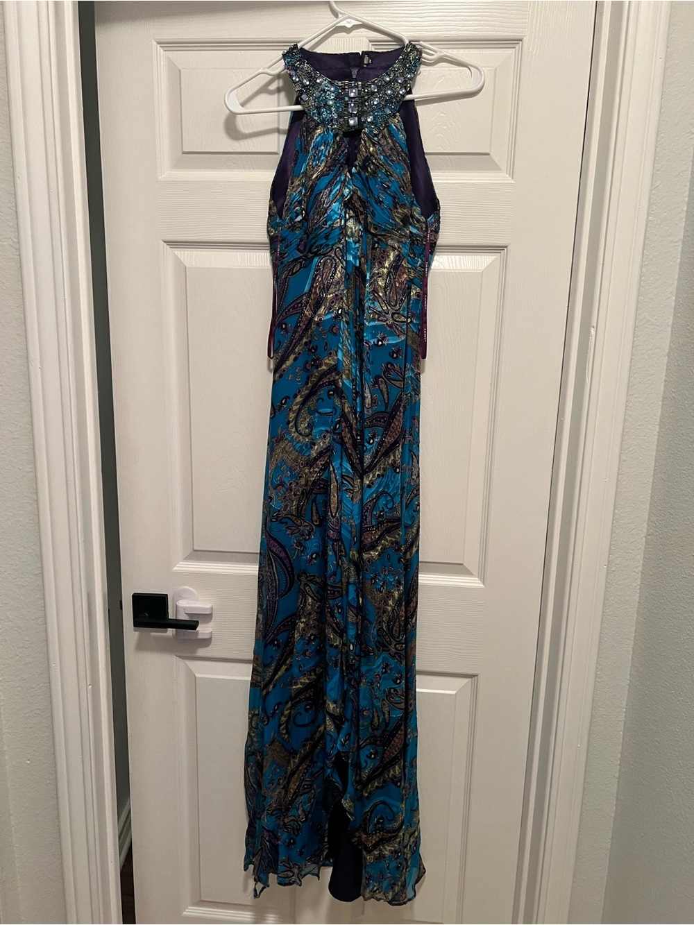 Cachet Teal and Purple Halter Maxi Dress with Beaded Neckline